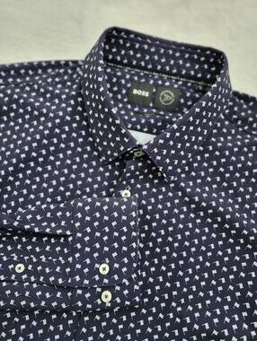BOSS Men's Performance Stretch Dress Shirt Navy Racing Flag XXL Slim Fit NWT